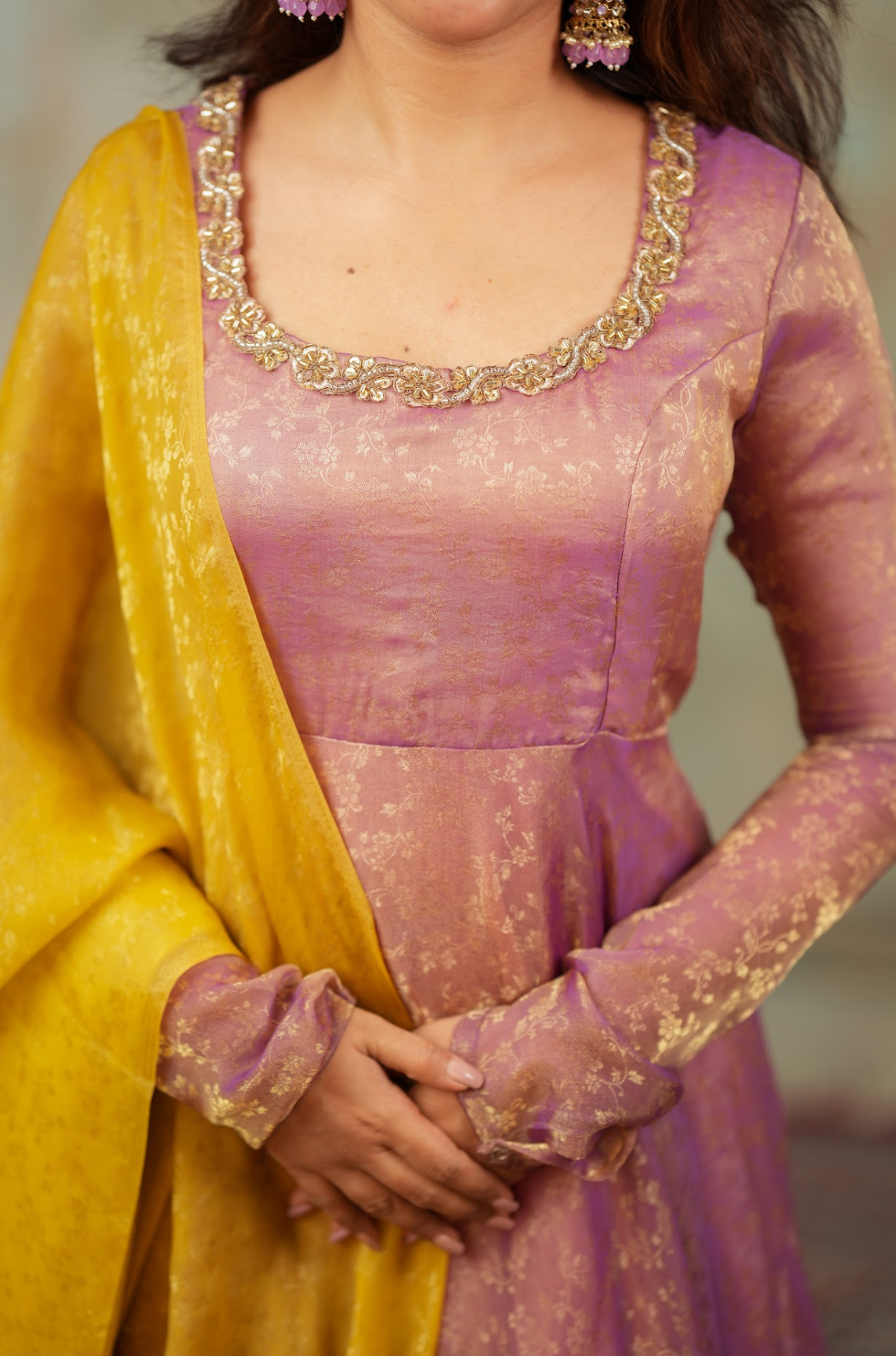 Kriya – Mauve Floral Tissue Silk Anarkali with Dupatta