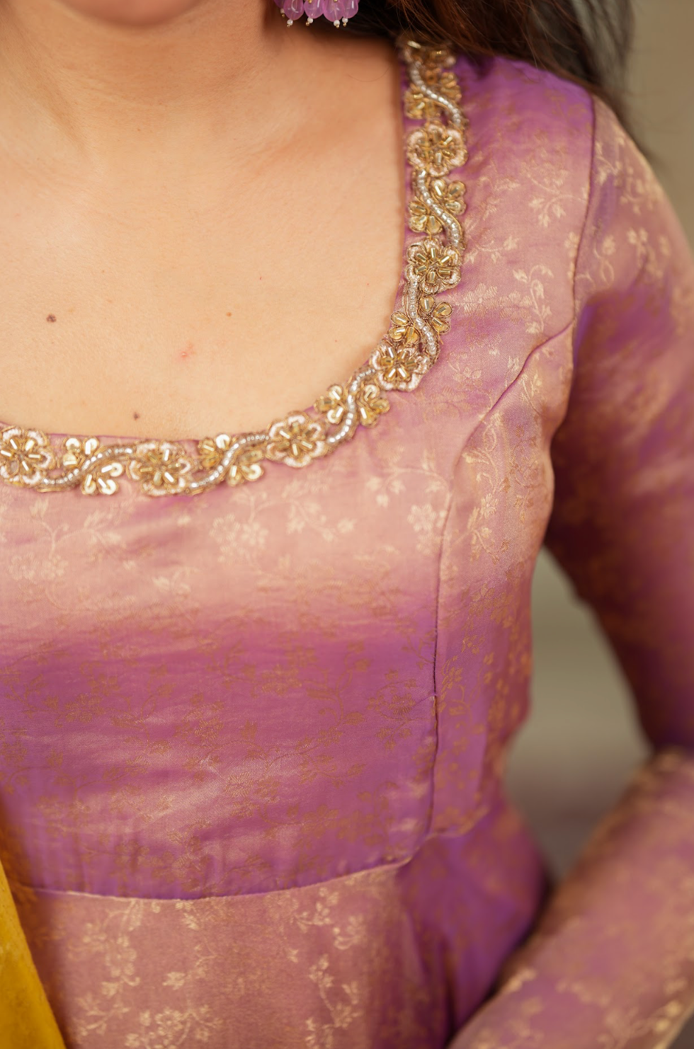 Kriya – Mauve Floral Tissue Silk Anarkali with Dupatta
