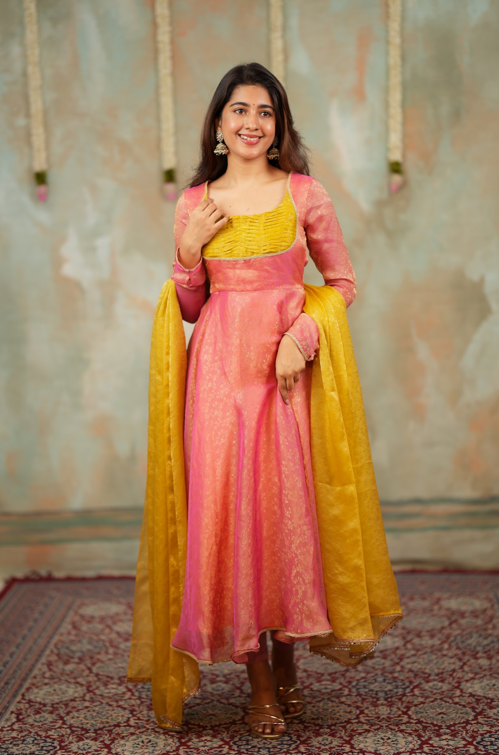 Kriya – Peach Floral Tissue Silk Anarkali with Mustard Dupatta