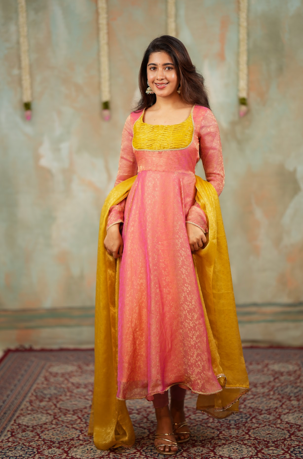 Kriya – Peach Floral Tissue Silk Anarkali with Mustard Dupatta