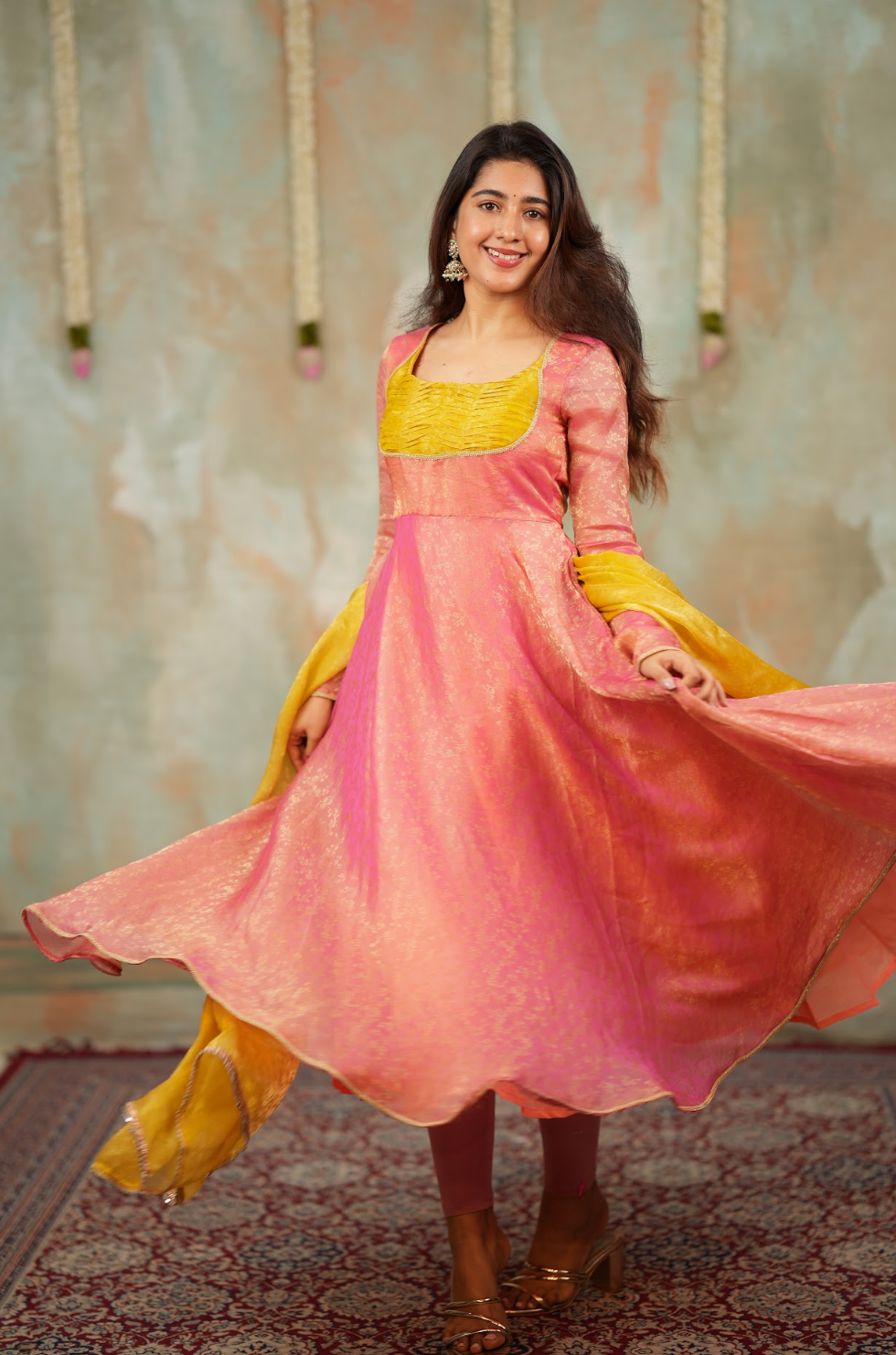 Kriya – Peach Floral Tissue Silk Anarkali with Mustard Dupatta