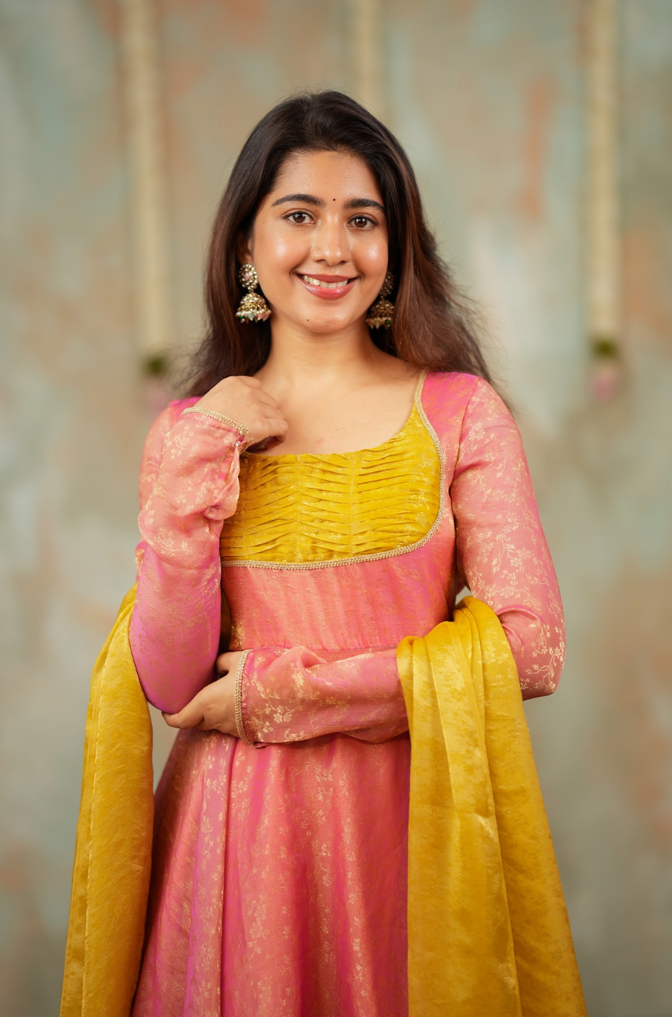 Kriya – Peach Floral Tissue Silk Anarkali with Mustard Dupatta