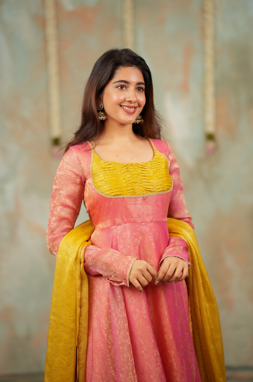 Kriya – Peach Floral Tissue Silk Anarkali with Mustard Dupatta