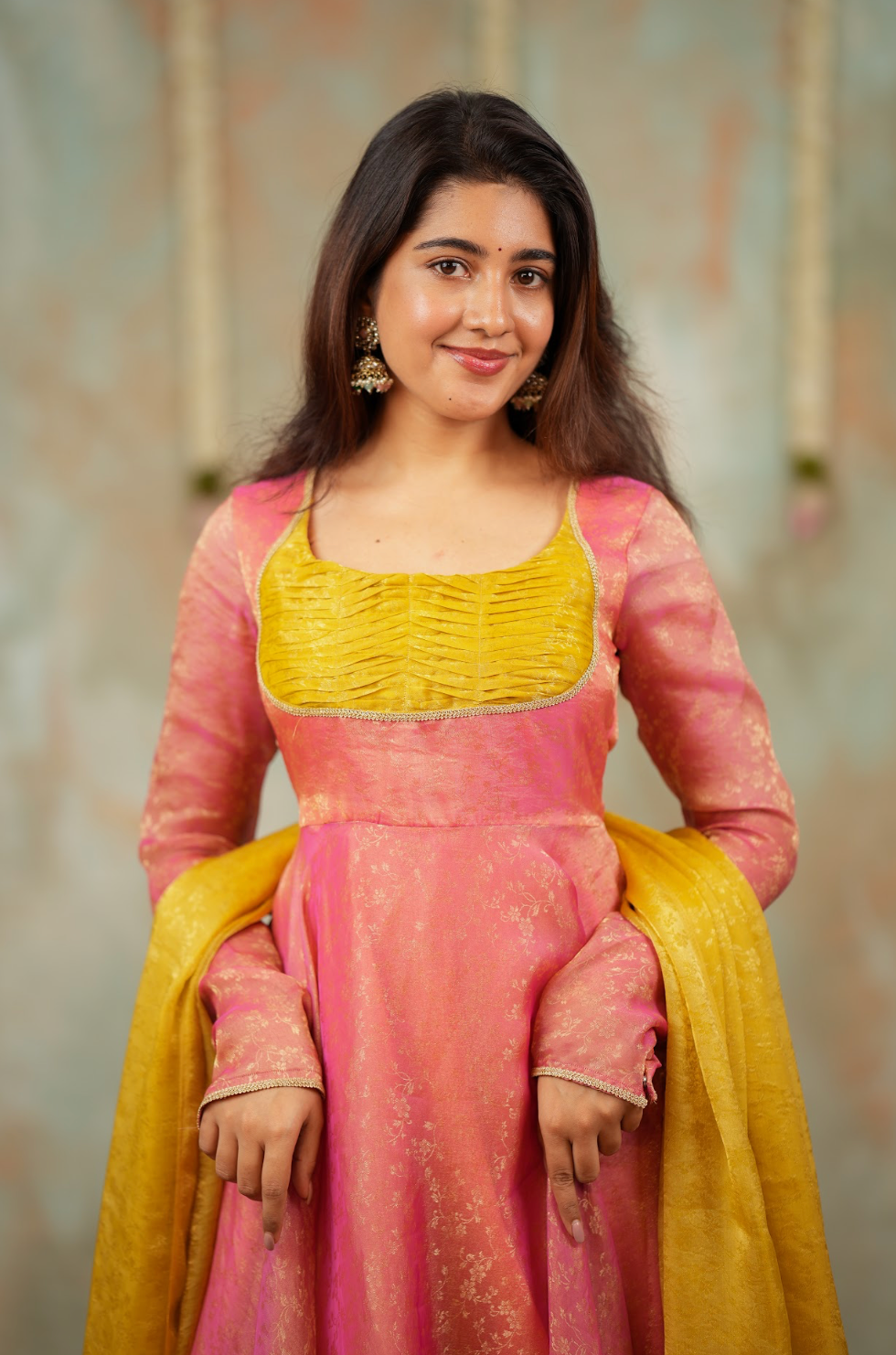 Kriya – Peach Floral Tissue Silk Anarkali with Mustard Dupatta