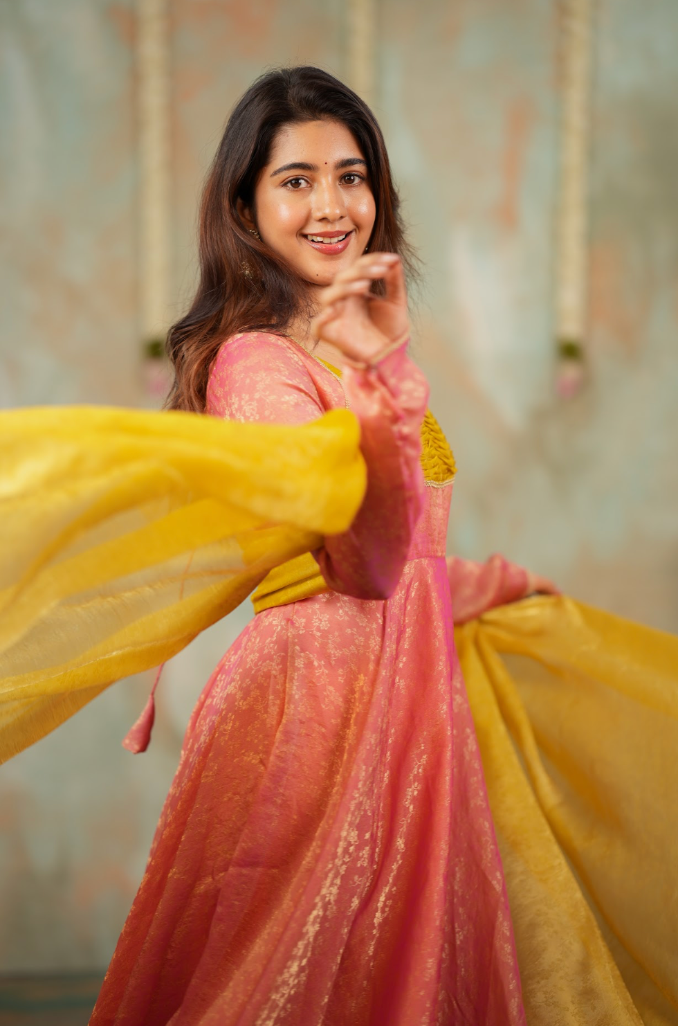 Kriya – Peach Floral Tissue Silk Anarkali with Mustard Dupatta