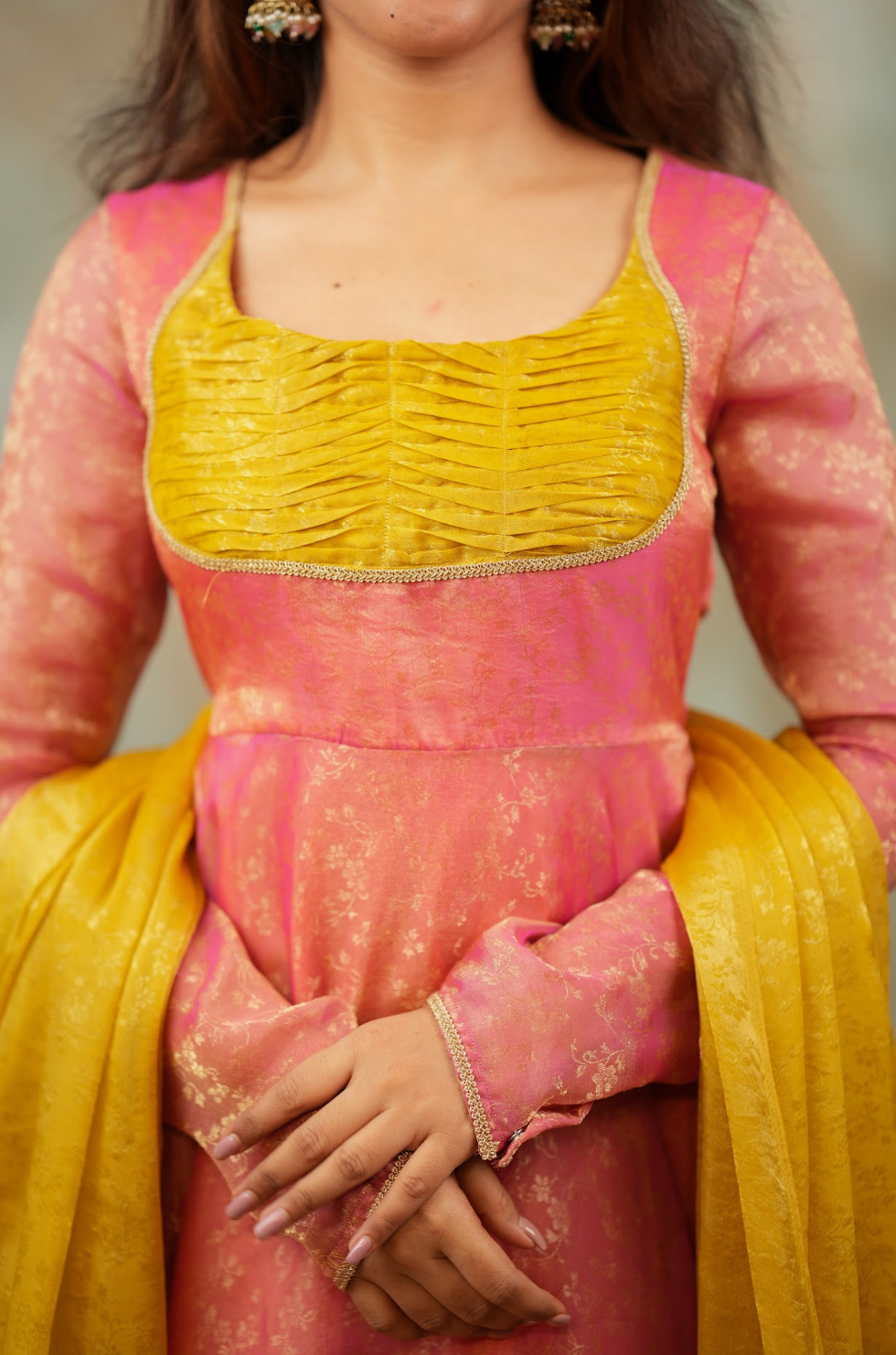 Kriya – Peach Floral Tissue Silk Anarkali with Mustard Dupatta
