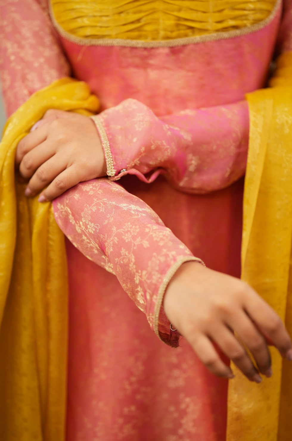 Kriya – Peach Floral Tissue Silk Anarkali with Mustard Dupatta