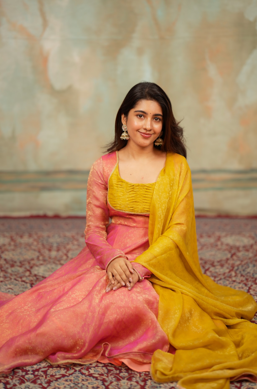 Kriya – Peach Floral Tissue Silk Anarkali with Mustard Dupatta