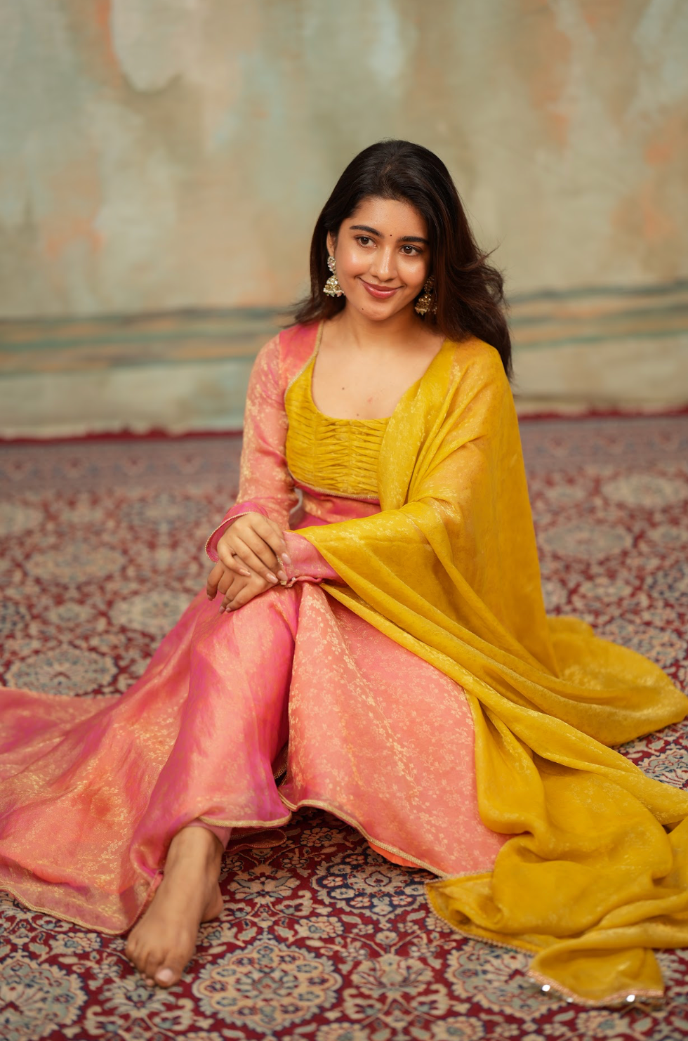 Kriya – Peach Floral Tissue Silk Anarkali with Mustard Dupatta