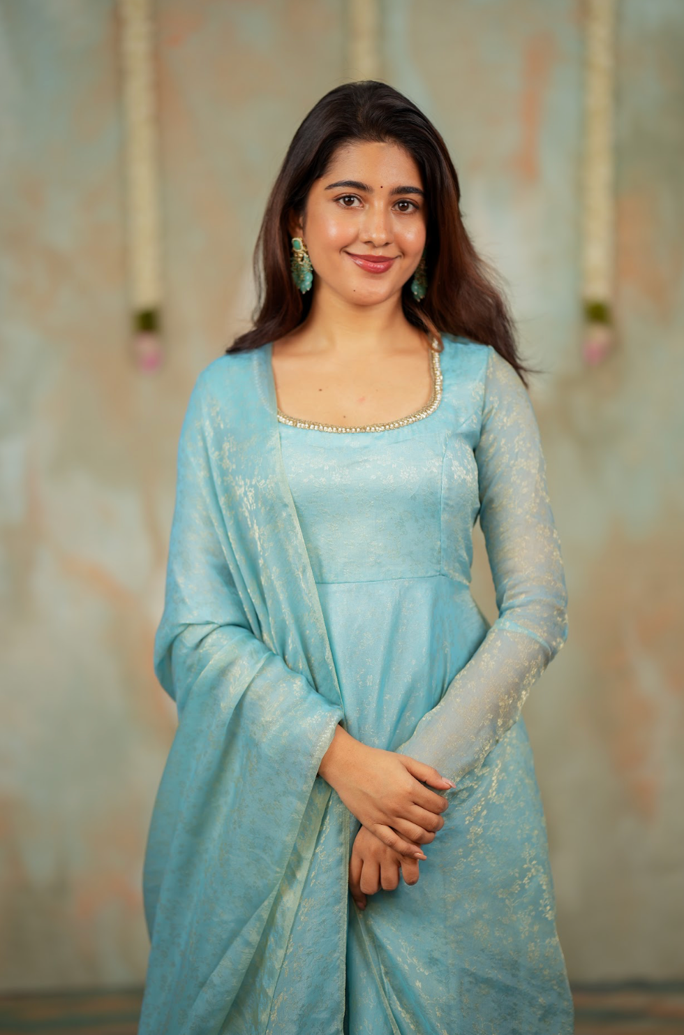 Kriya – Ice Blue Floral Tissue Silk Anarkali with Dupatta