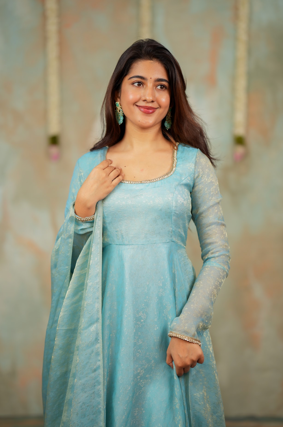 Kriya – Ice Blue Floral Tissue Silk Anarkali with Dupatta