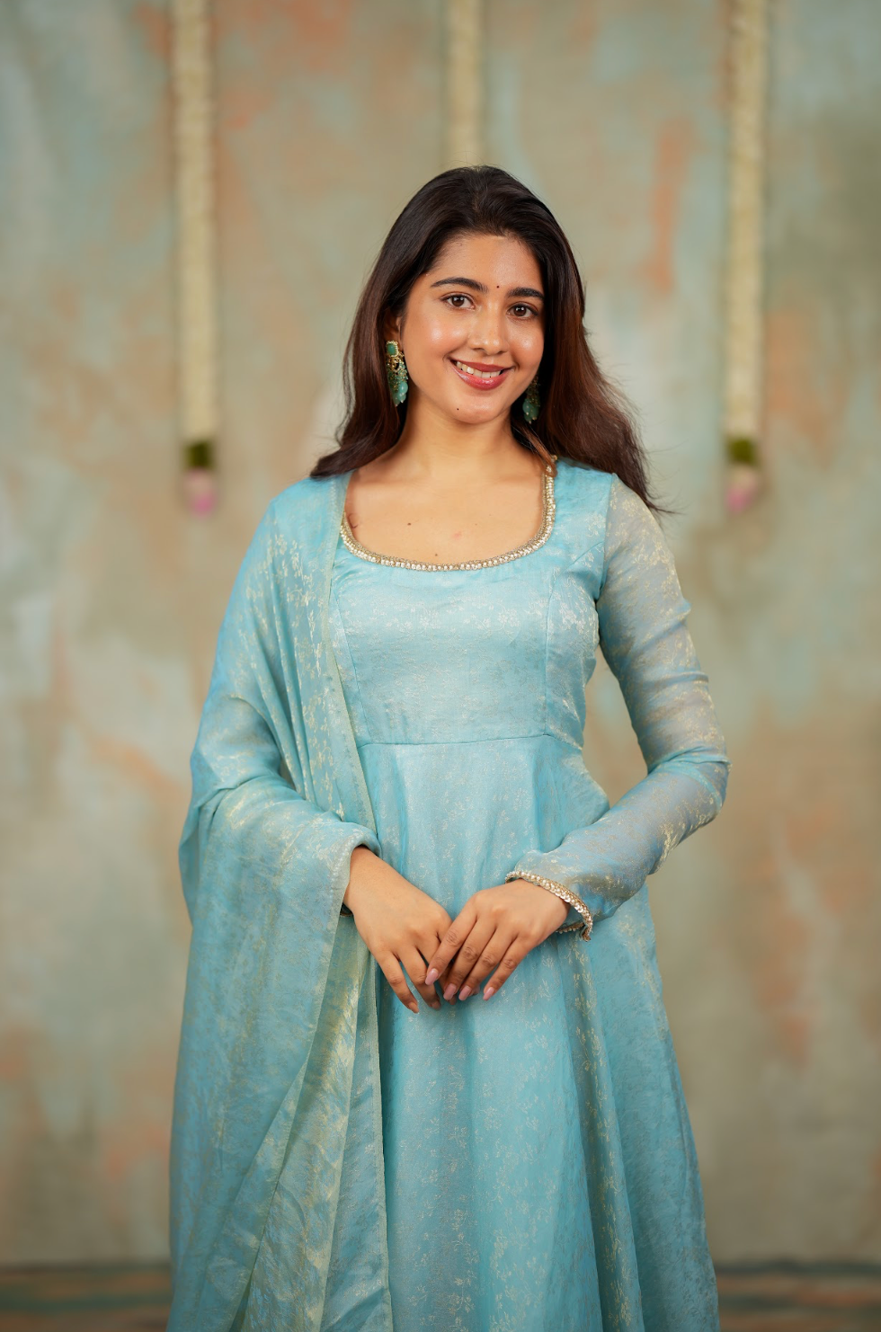 Kriya – Ice Blue Floral Tissue Silk Anarkali with Dupatta