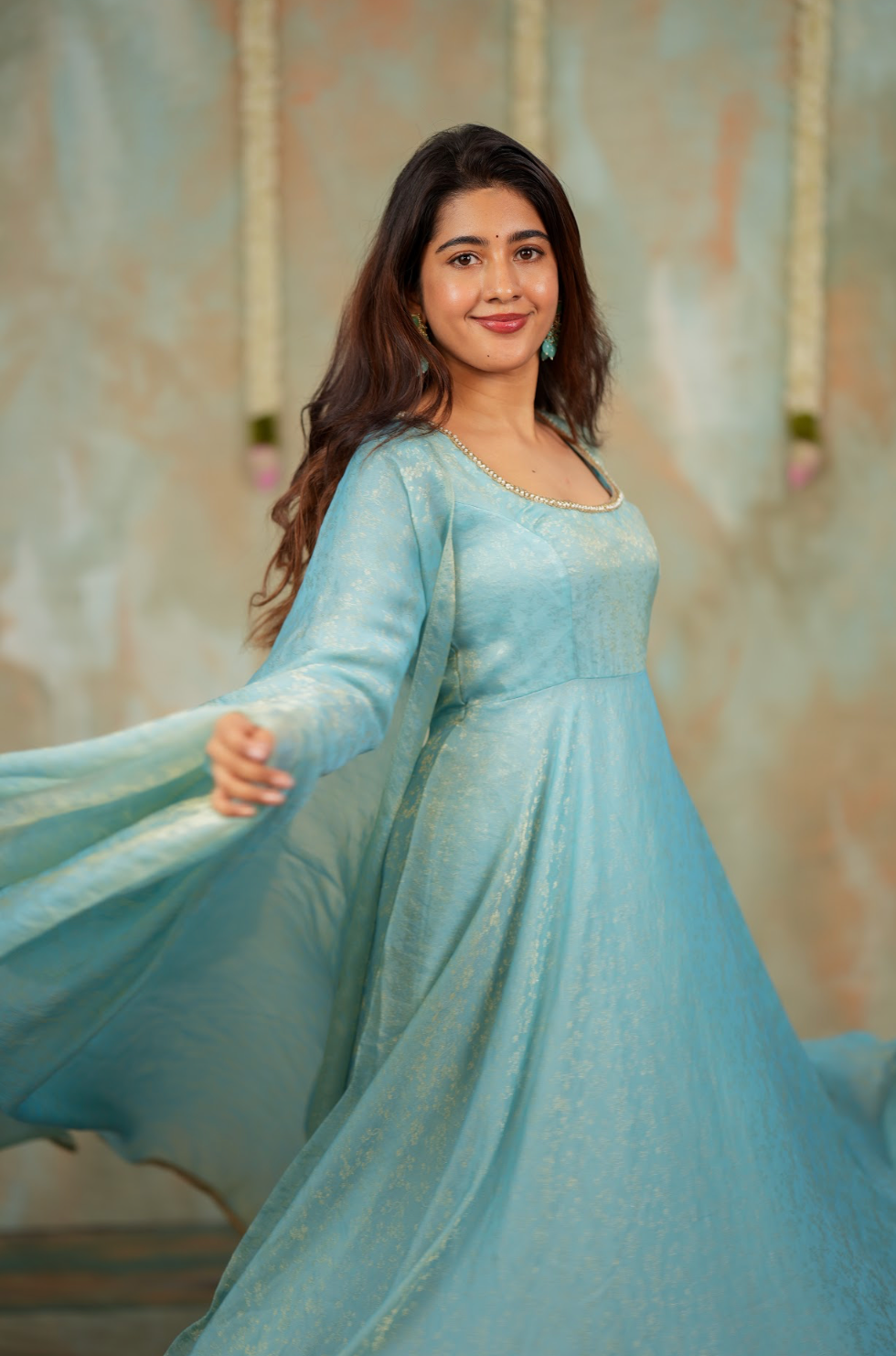 Kriya – Ice Blue Floral Tissue Silk Anarkali with Dupatta