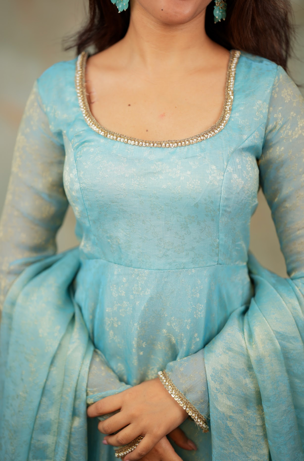 Kriya – Ice Blue Floral Tissue Silk Anarkali with Dupatta
