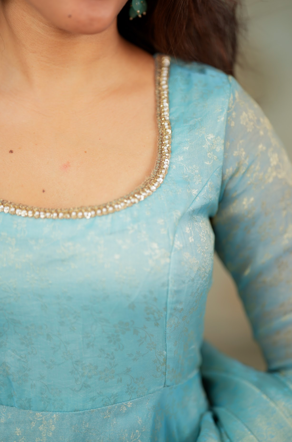 Kriya – Ice Blue Floral Tissue Silk Anarkali with Dupatta