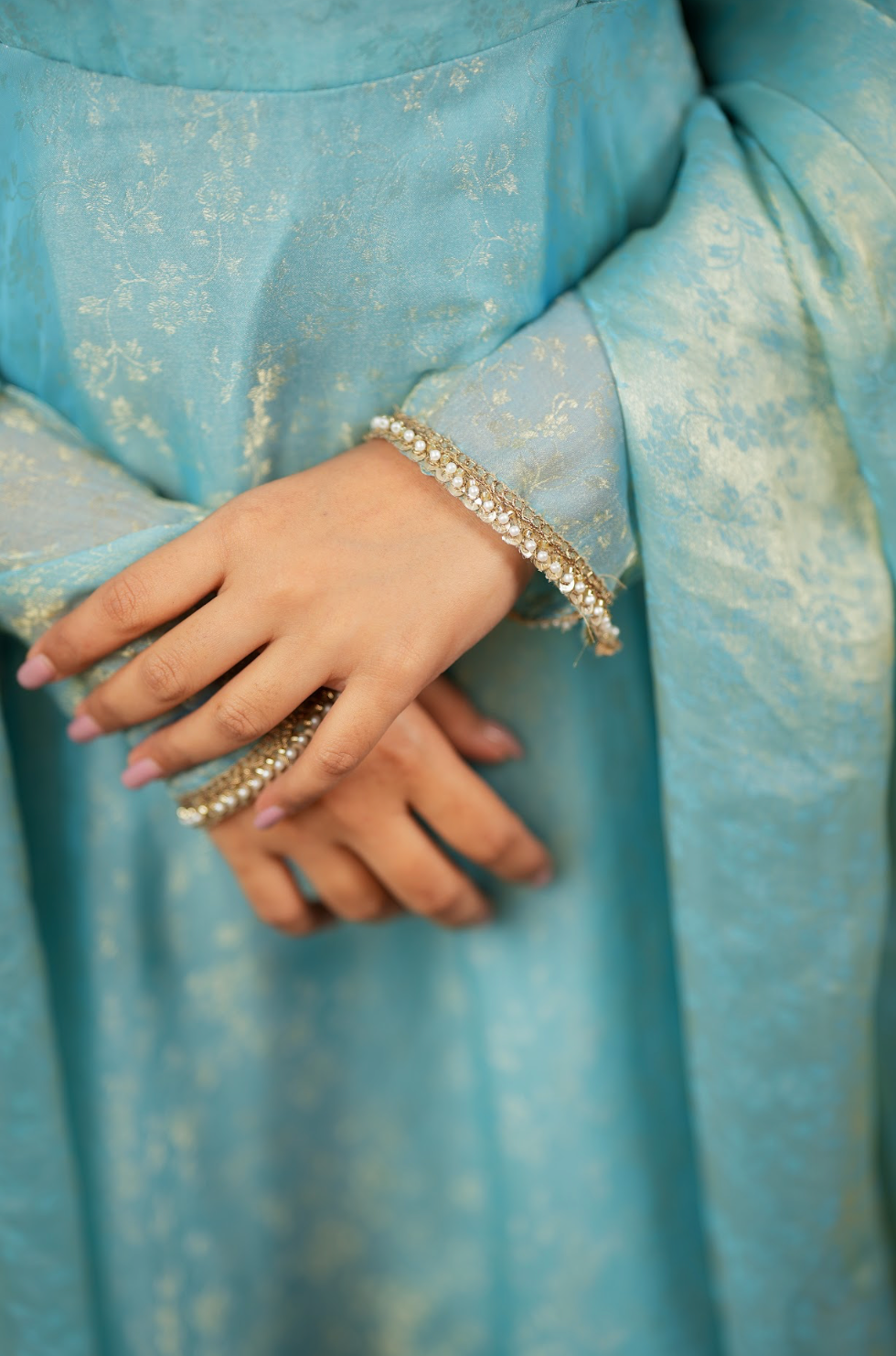 Kriya – Ice Blue Floral Tissue Silk Anarkali with Dupatta