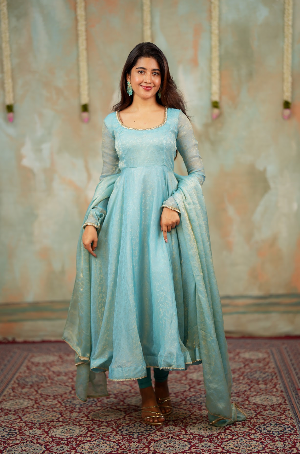 Kriya – Ice Blue Floral Tissue Silk Anarkali with Dupatta