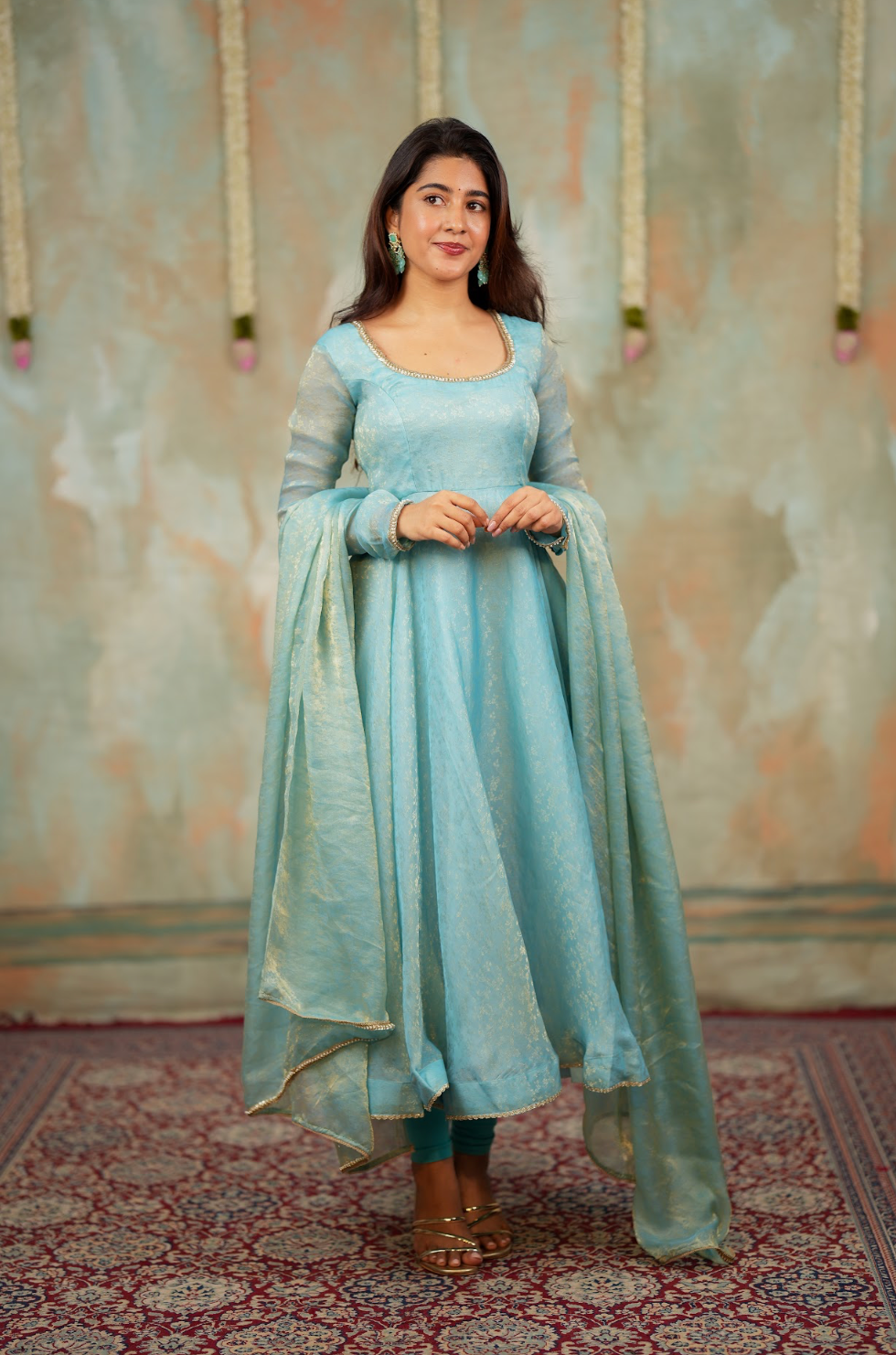 Kriya – Ice Blue Floral Tissue Silk Anarkali with Dupatta