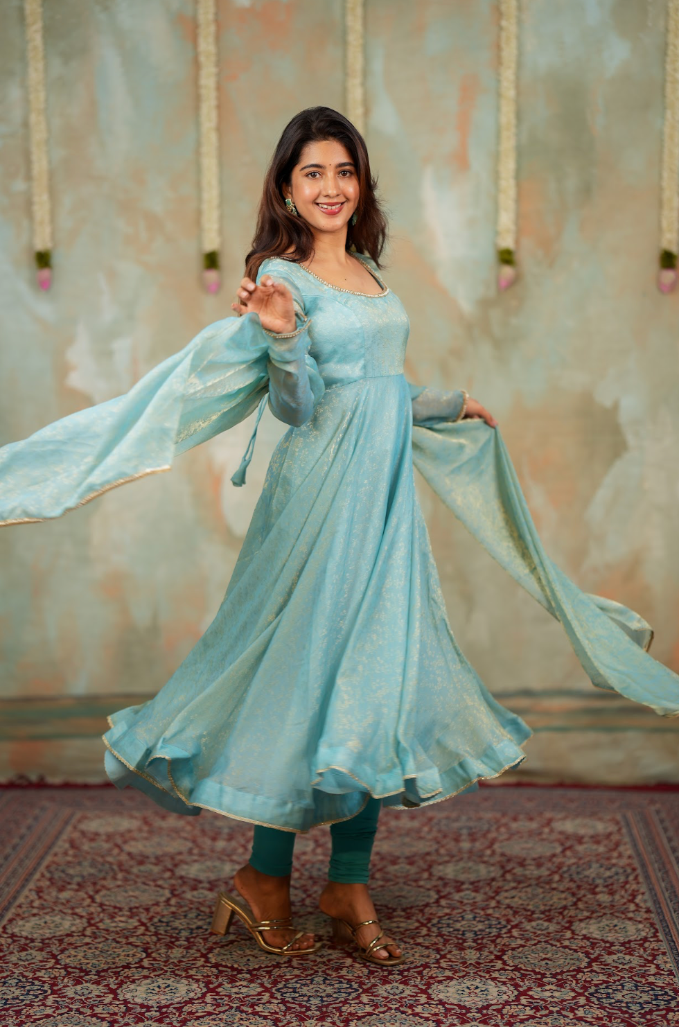 Kriya – Ice Blue Floral Tissue Silk Anarkali with Dupatta
