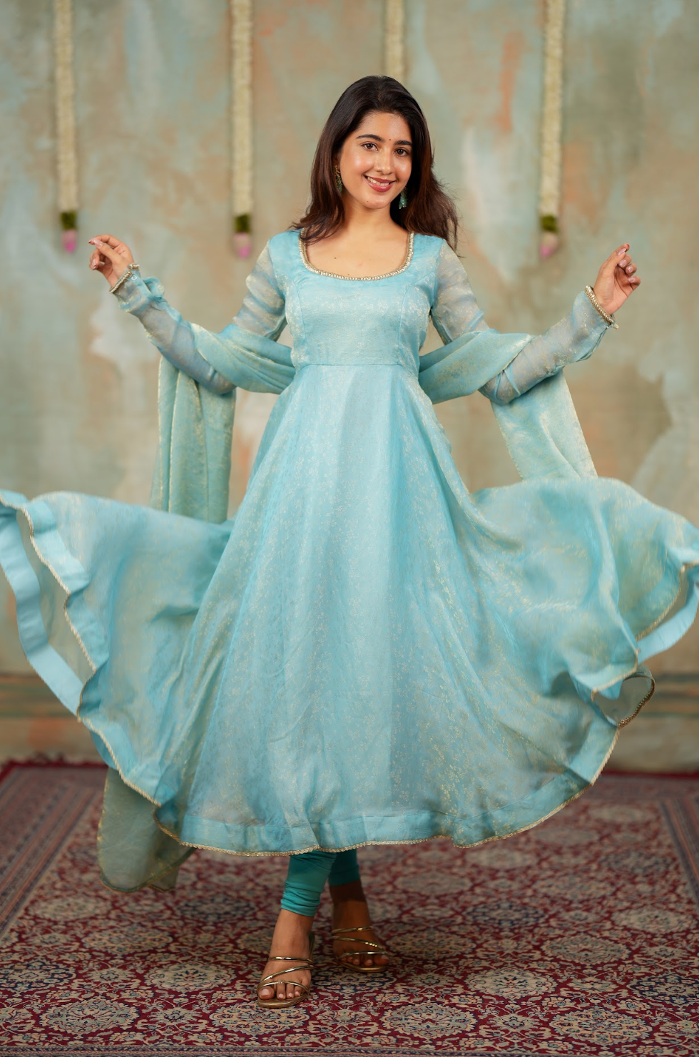 Kriya – Ice Blue Floral Tissue Silk Anarkali with Dupatta