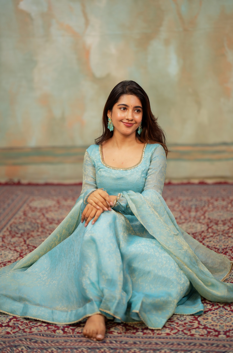 Kriya – Ice Blue Floral Tissue Silk Anarkali with Dupatta