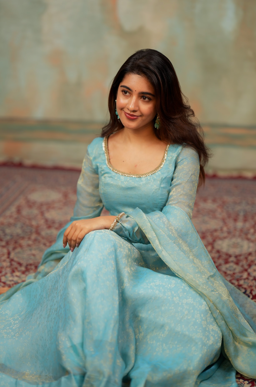 Kriya – Ice Blue Floral Tissue Silk Anarkali with Dupatta