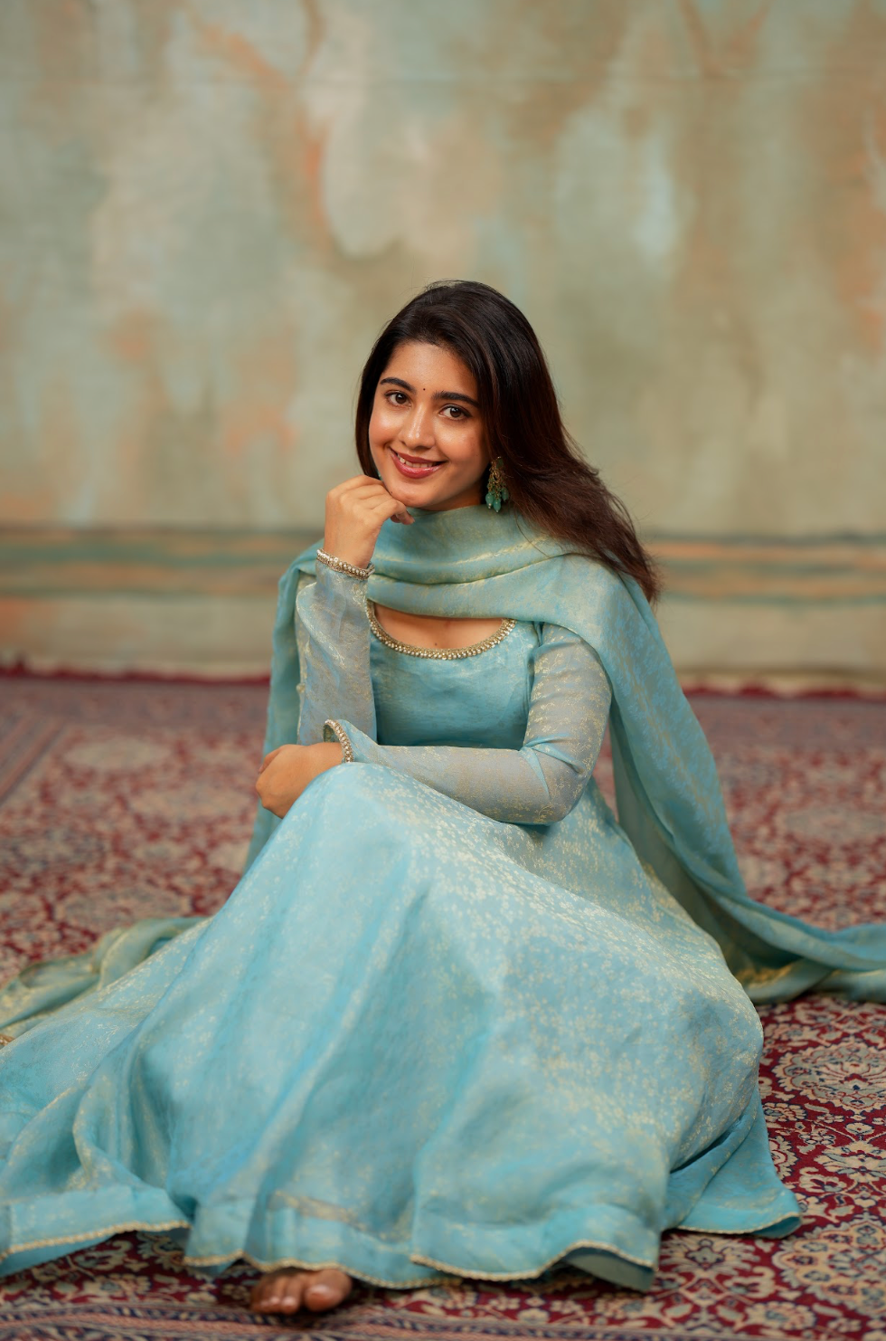 Kriya – Ice Blue Floral Tissue Silk Anarkali with Dupatta