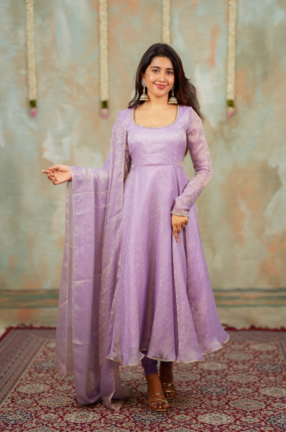 Kriya – Lilac Floral Tissue Silk Anarkali with Dupatta