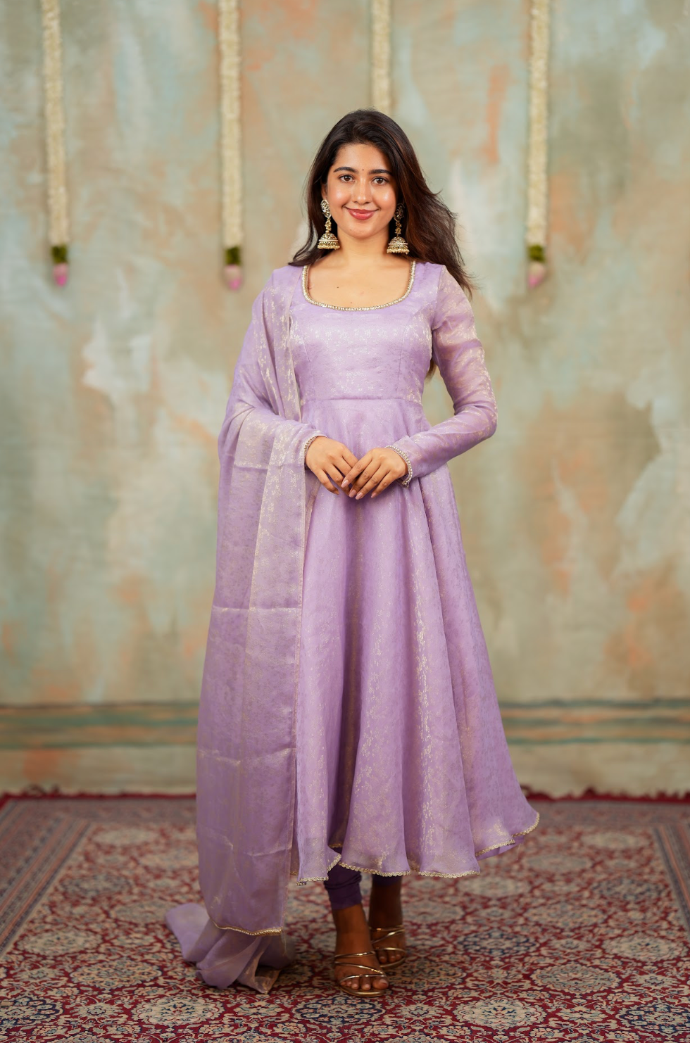 Kriya – Lilac Floral Tissue Silk Anarkali with Dupatta