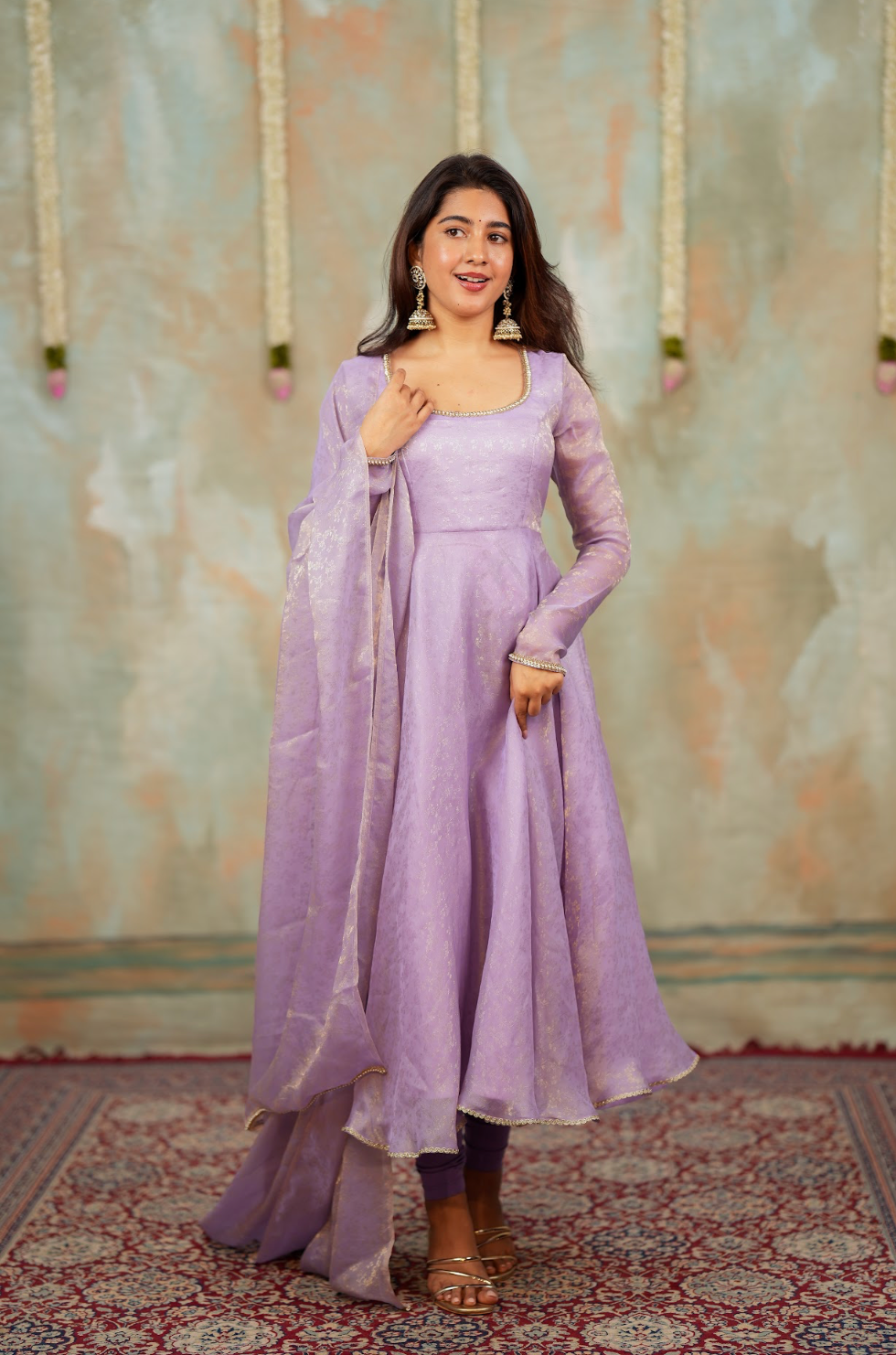 Kriya – Lilac Floral Tissue Silk Anarkali with Dupatta
