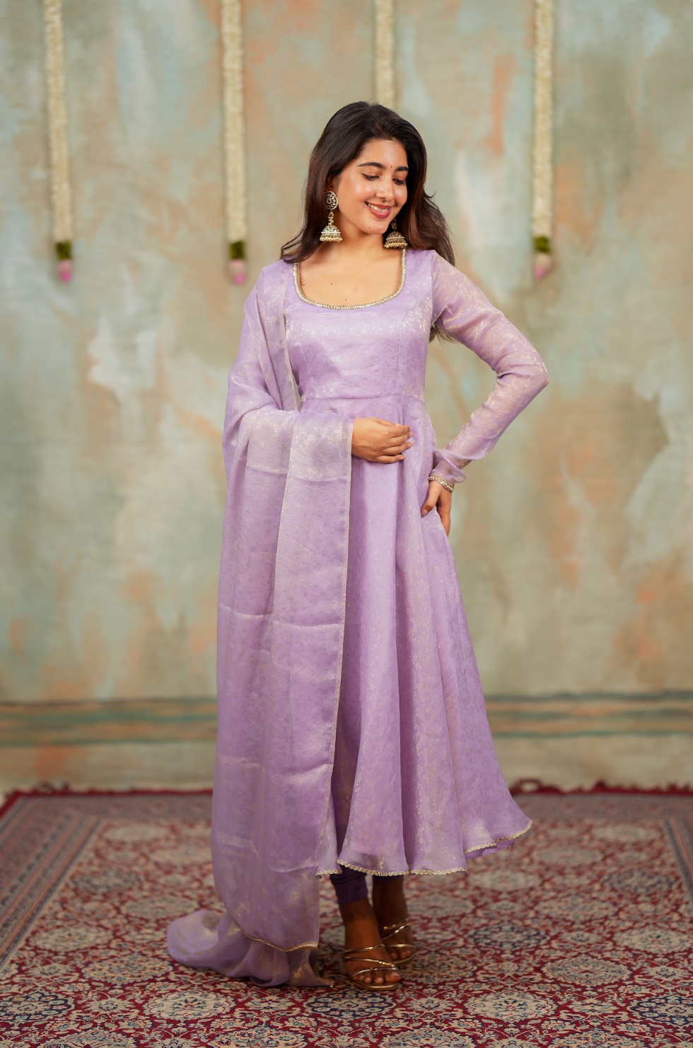Kriya – Lilac Floral Tissue Silk Anarkali with Dupatta