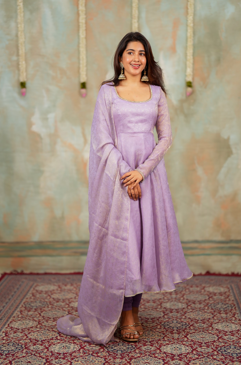 Kriya – Lilac Floral Tissue Silk Anarkali with Dupatta
