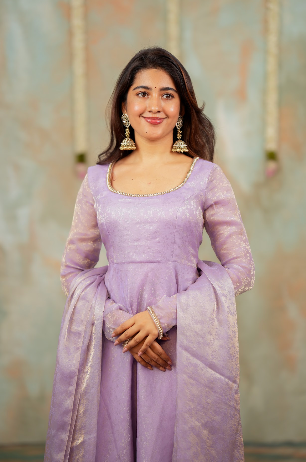 Kriya – Lilac Floral Tissue Silk Anarkali with Dupatta