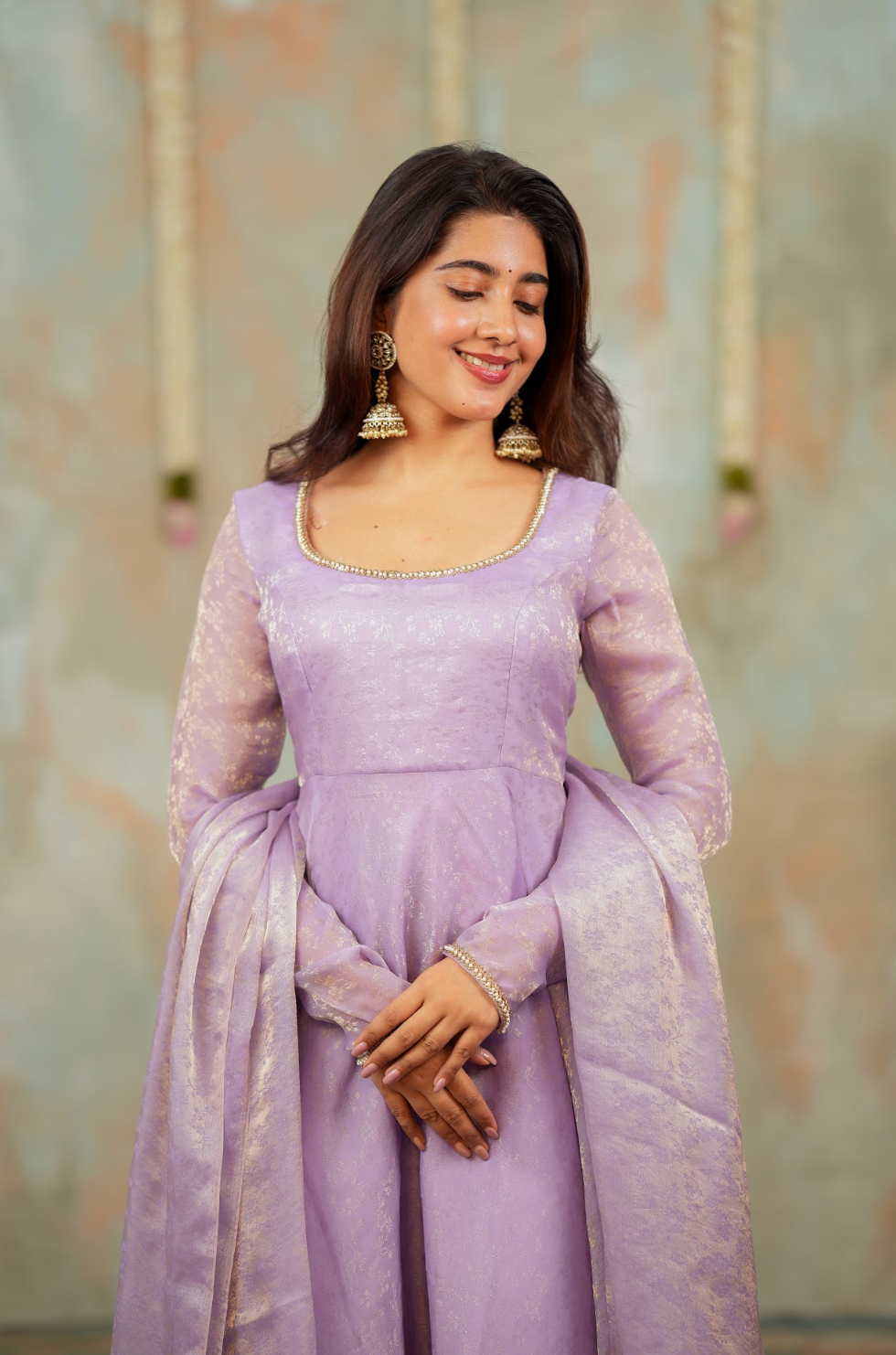 Kriya – Lilac Floral Tissue Silk Anarkali with Dupatta