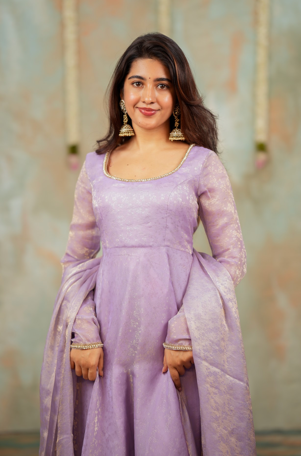 Kriya – Lilac Floral Tissue Silk Anarkali with Dupatta