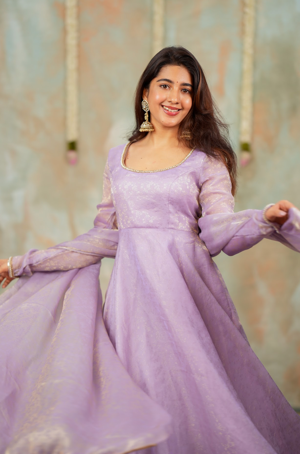 Kriya – Lilac Floral Tissue Silk Anarkali with Dupatta