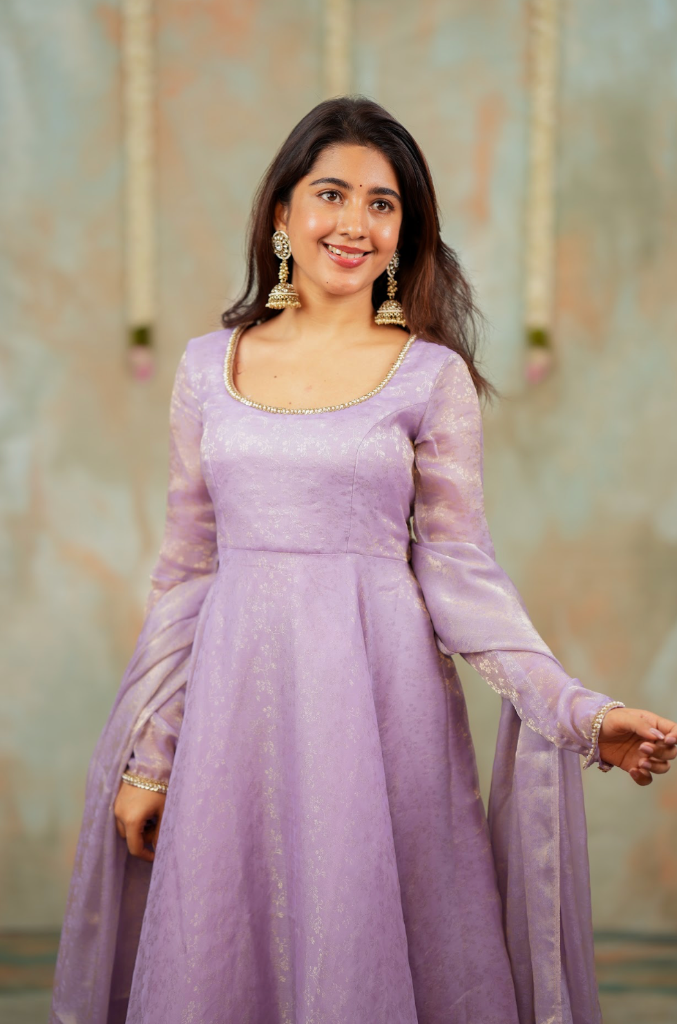 Kriya – Lilac Floral Tissue Silk Anarkali with Dupatta
