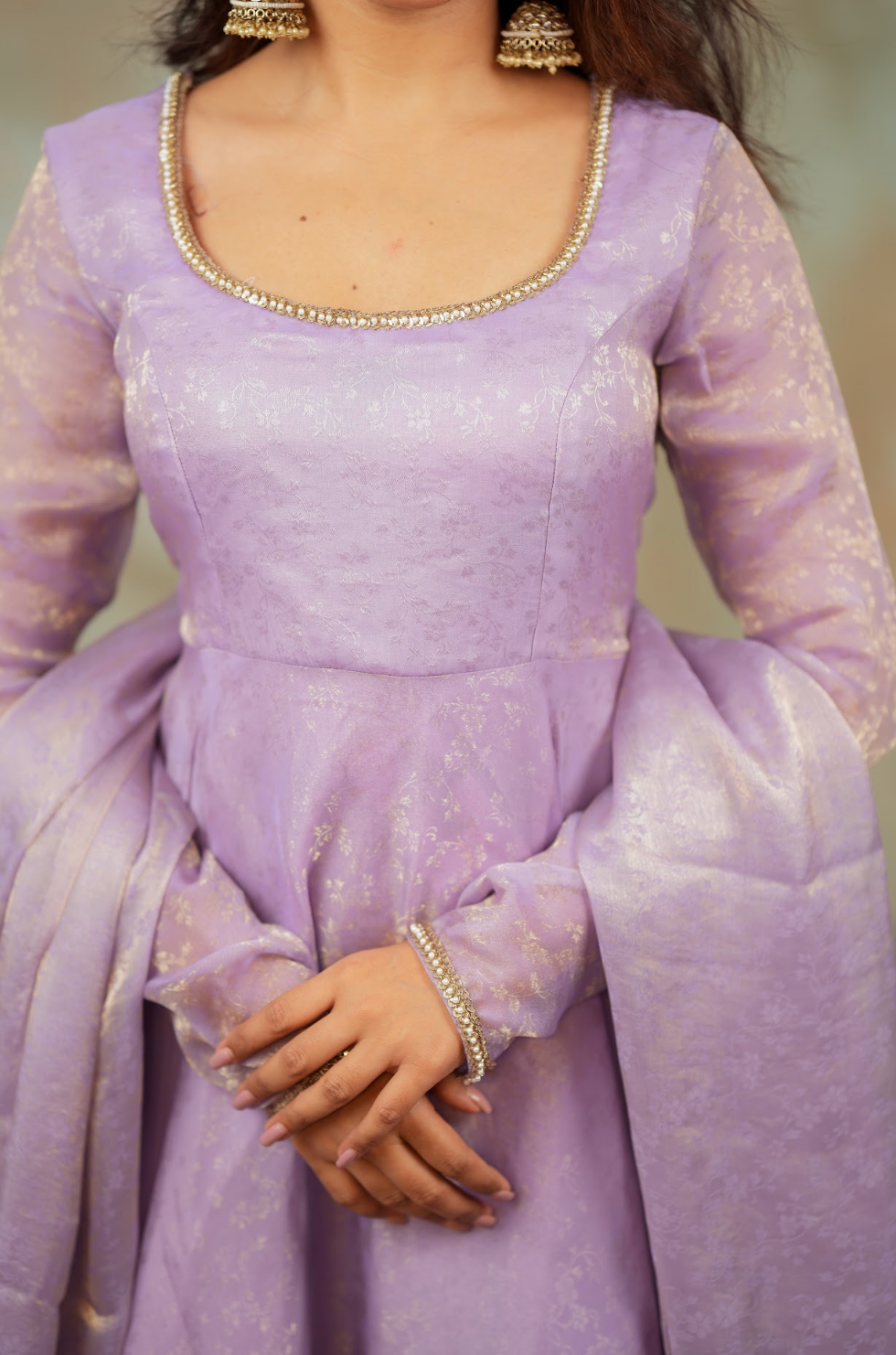 Kriya – Lilac Floral Tissue Silk Anarkali with Dupatta