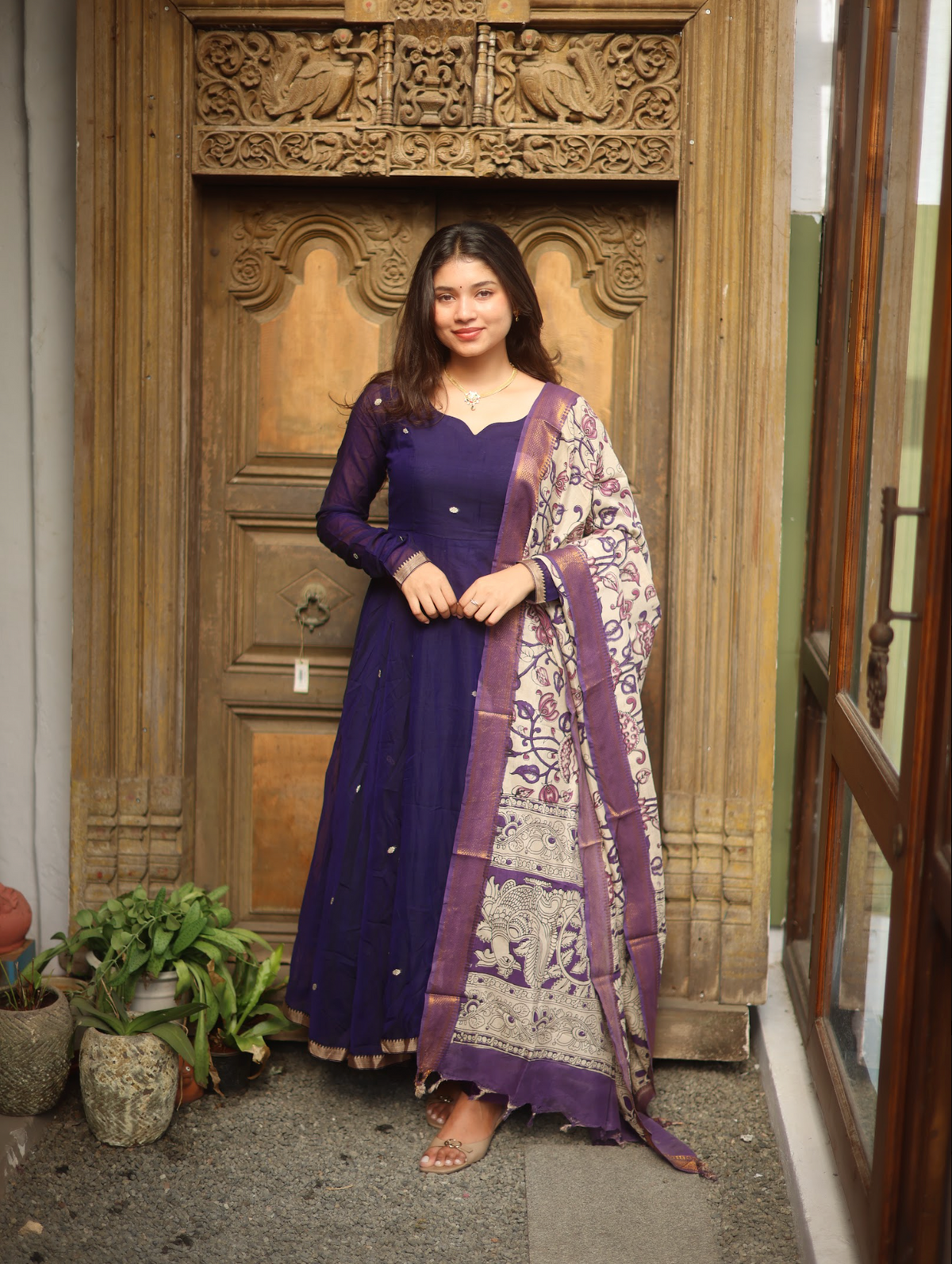 Vedha – Violet Narayanpet Anarkali with Kalamkari Dupatta