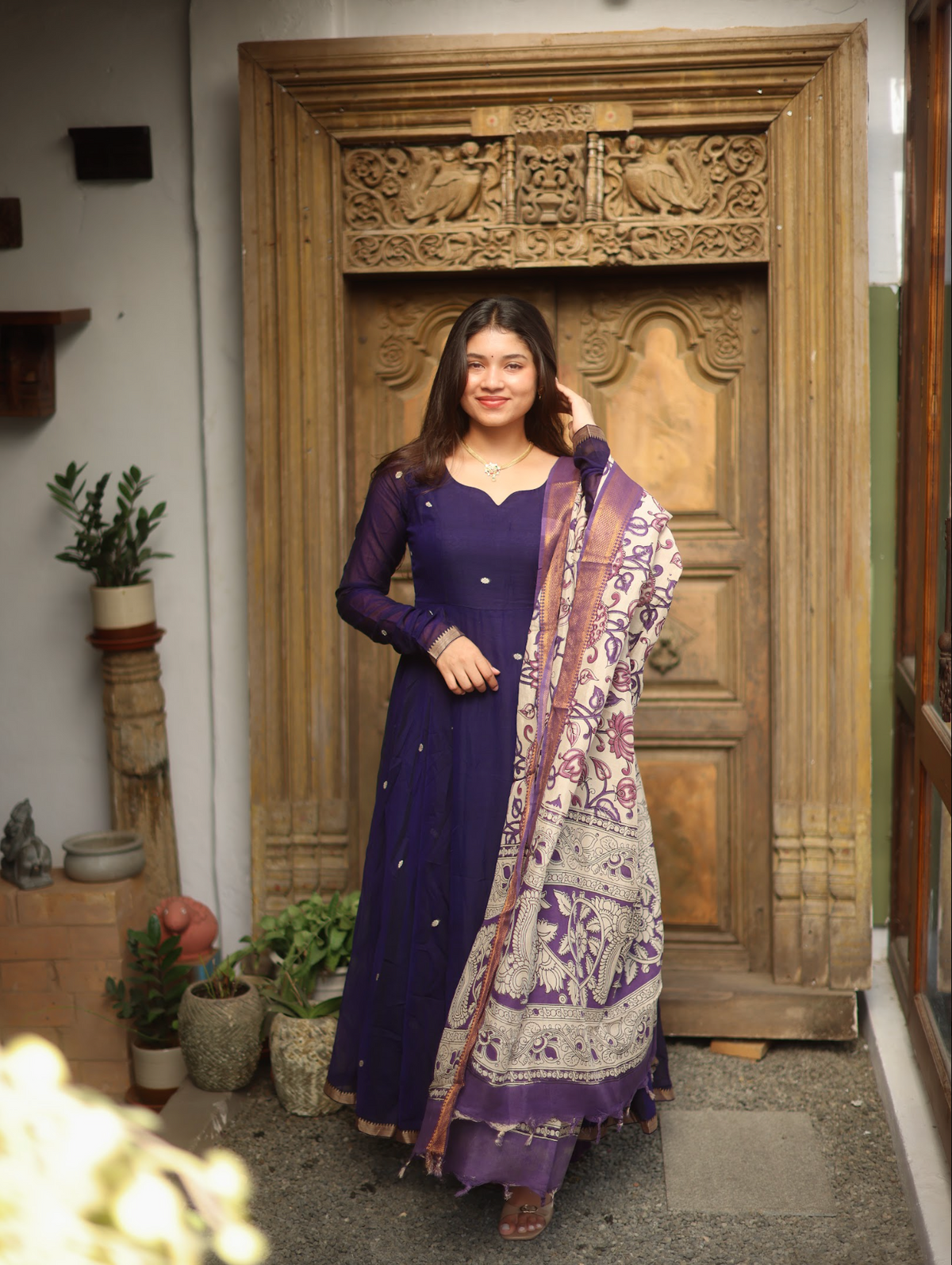 Vedha – Violet Narayanpet Anarkali with Kalamkari Dupatta