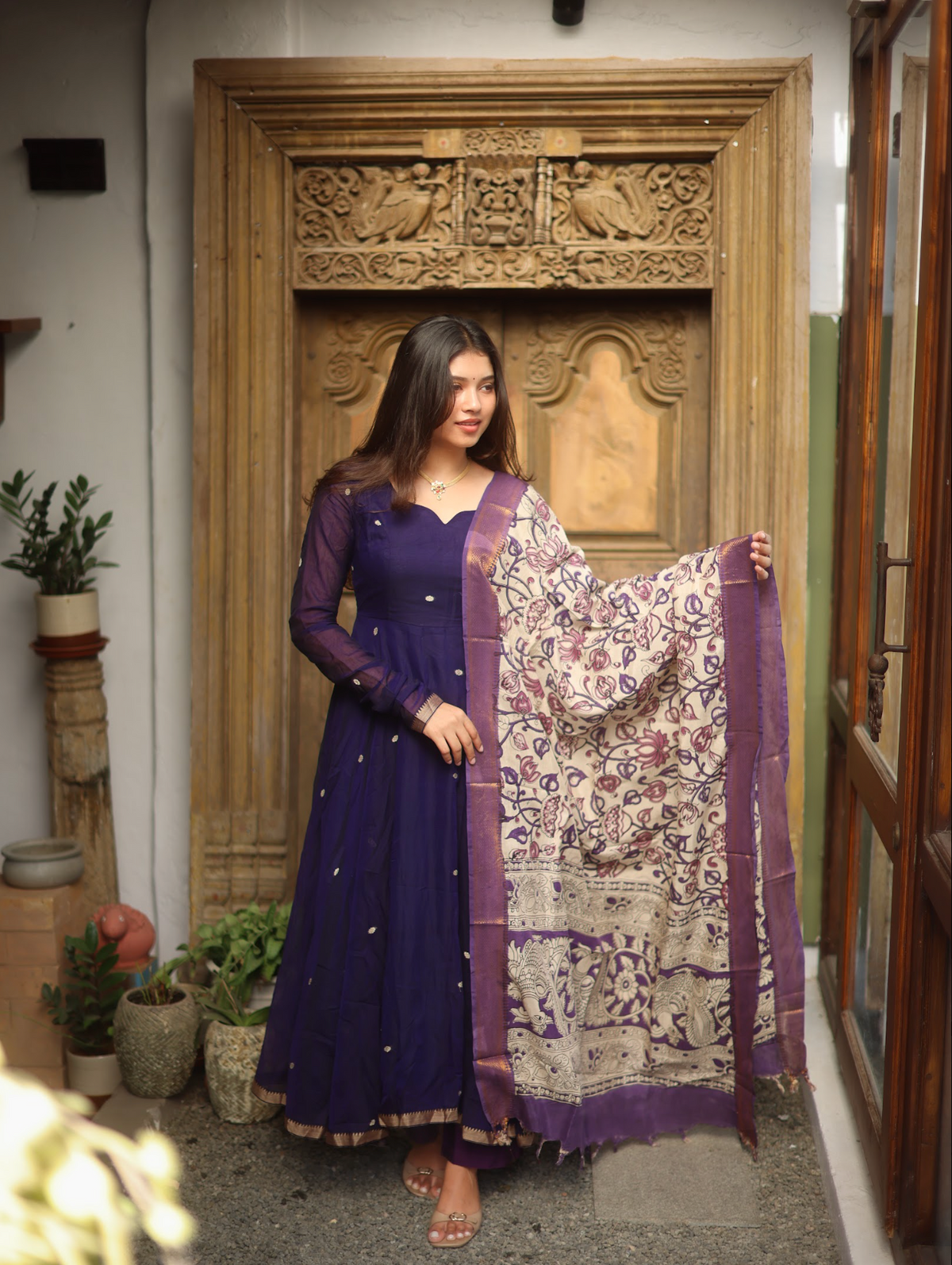Vedha – Violet Narayanpet Anarkali with Kalamkari Dupatta