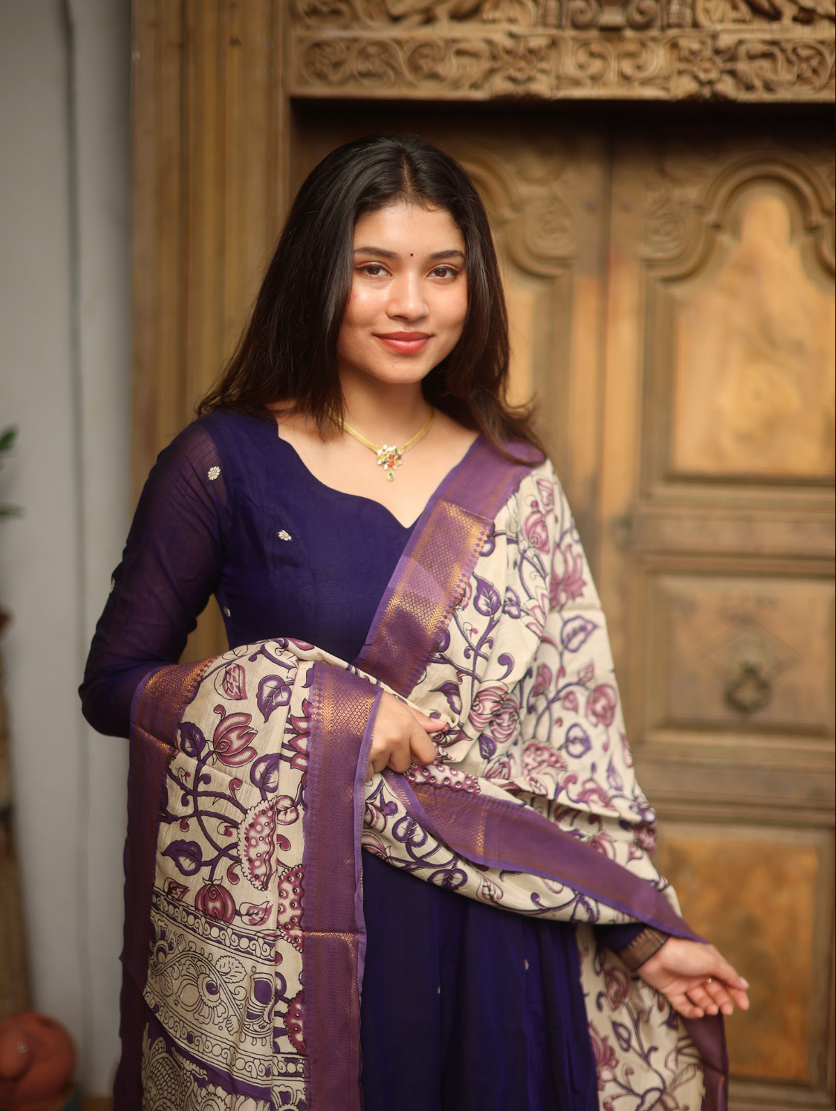 Vedha – Violet Narayanpet Anarkali with Kalamkari Dupatta