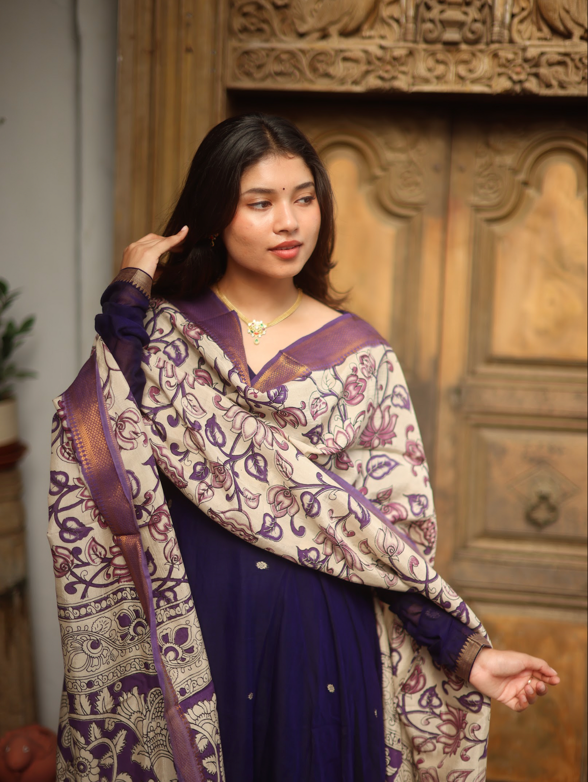 Vedha – Violet Narayanpet Anarkali with Kalamkari Dupatta