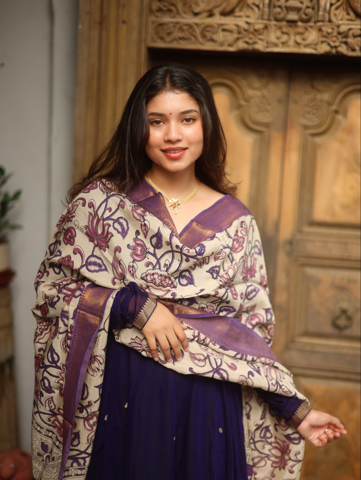 Vedha – Violet Narayanpet Anarkali with Kalamkari Dupatta