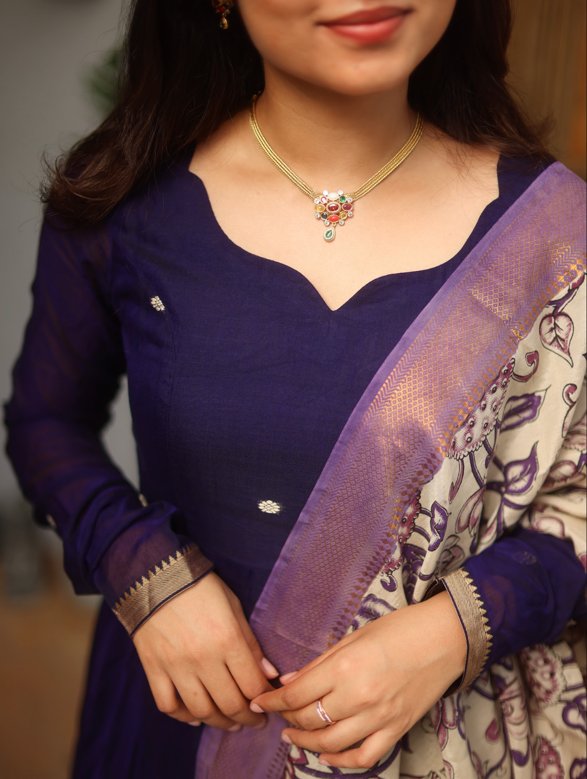 Vedha – Violet Narayanpet Anarkali with Kalamkari Dupatta