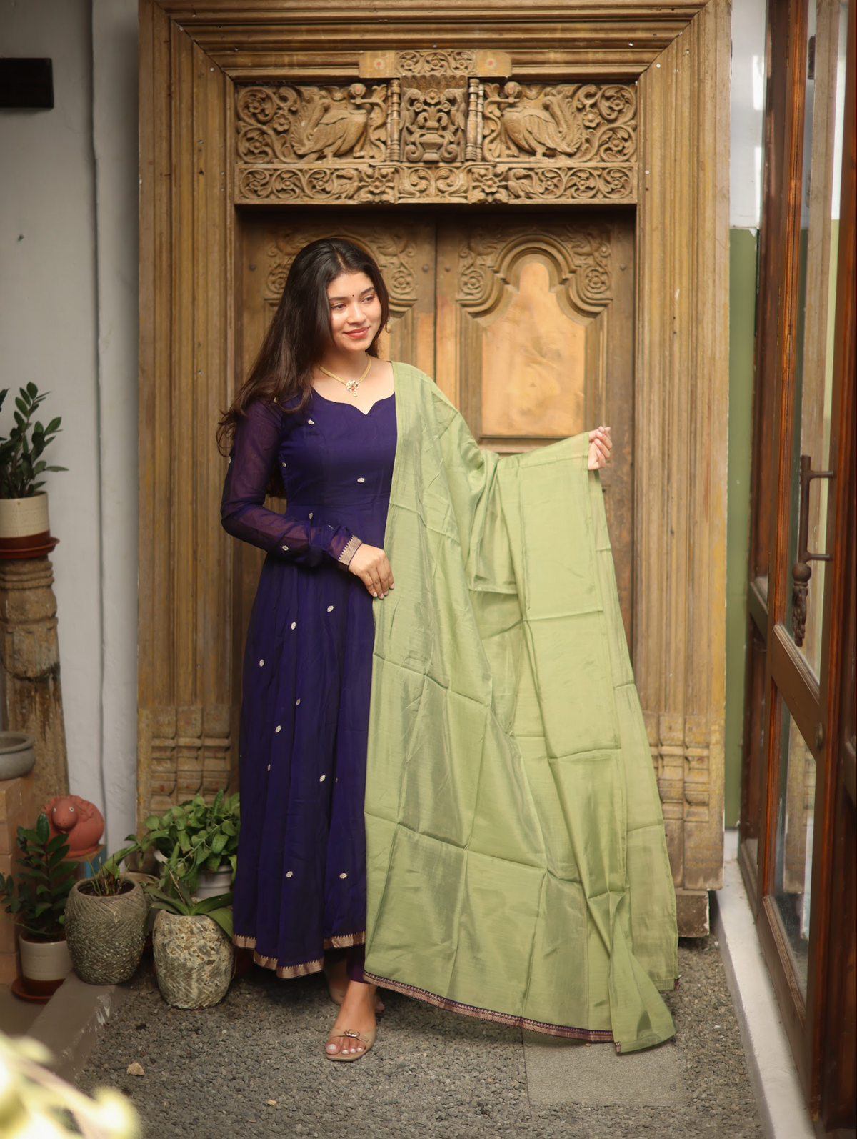 Vedha – Violet Narayanpet Anarkali Suit with Solid Dupatta