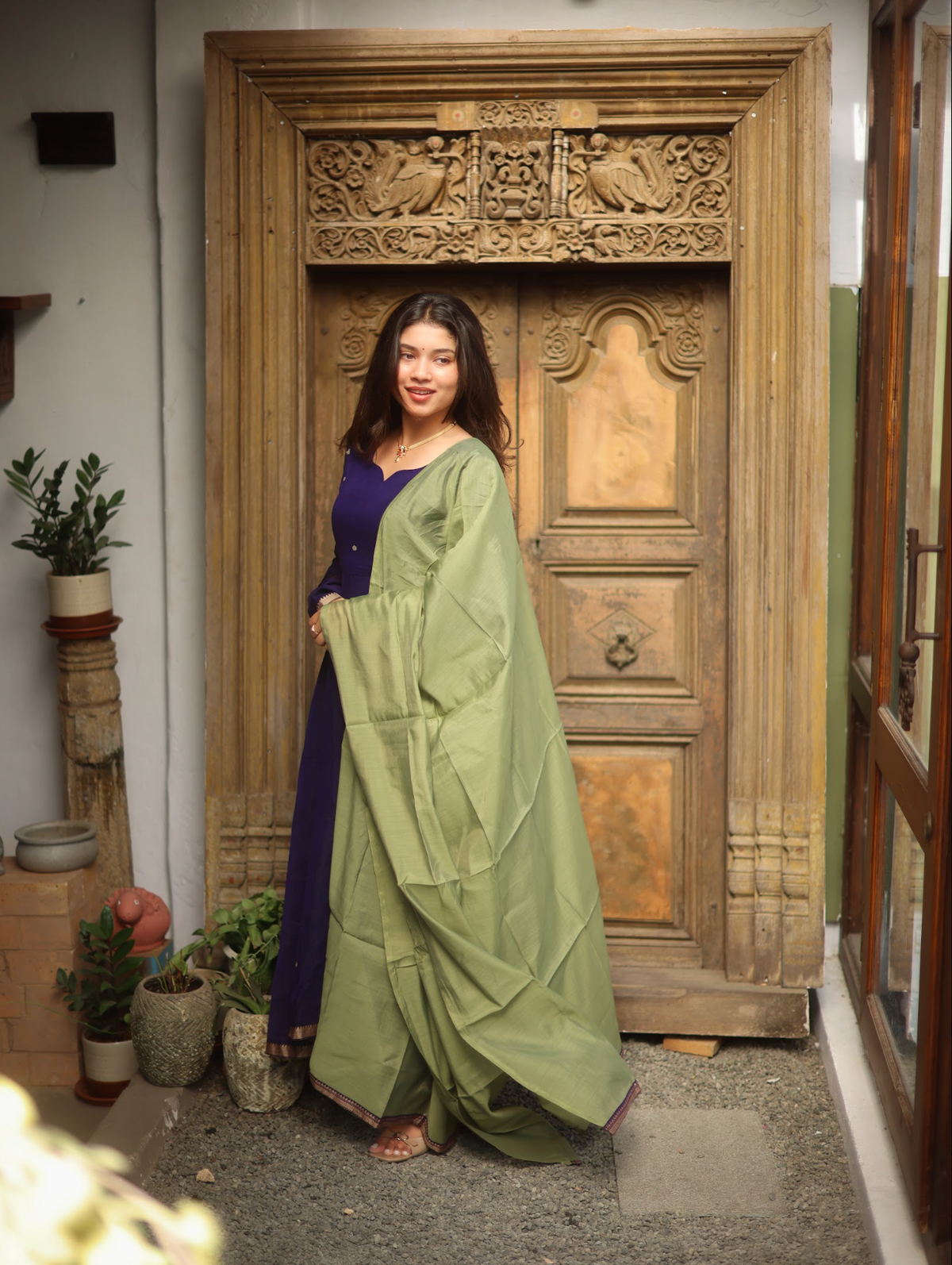 Vedha – Violet Narayanpet Anarkali Suit with Solid Dupatta