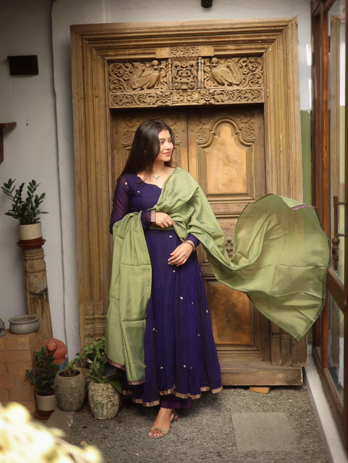 Vedha – Violet Narayanpet Anarkali Suit with Solid Dupatta