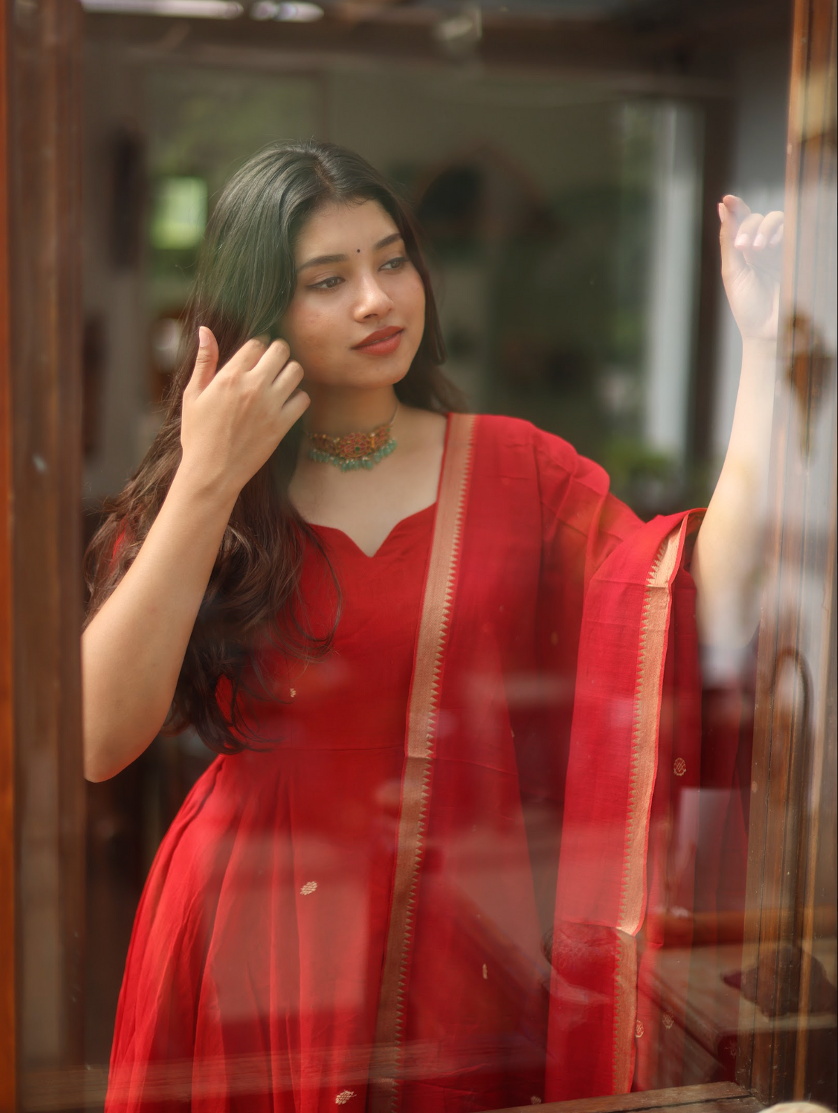 Vedha – Crimson Narayanpet Anarkali Suit with Solid Dupatta