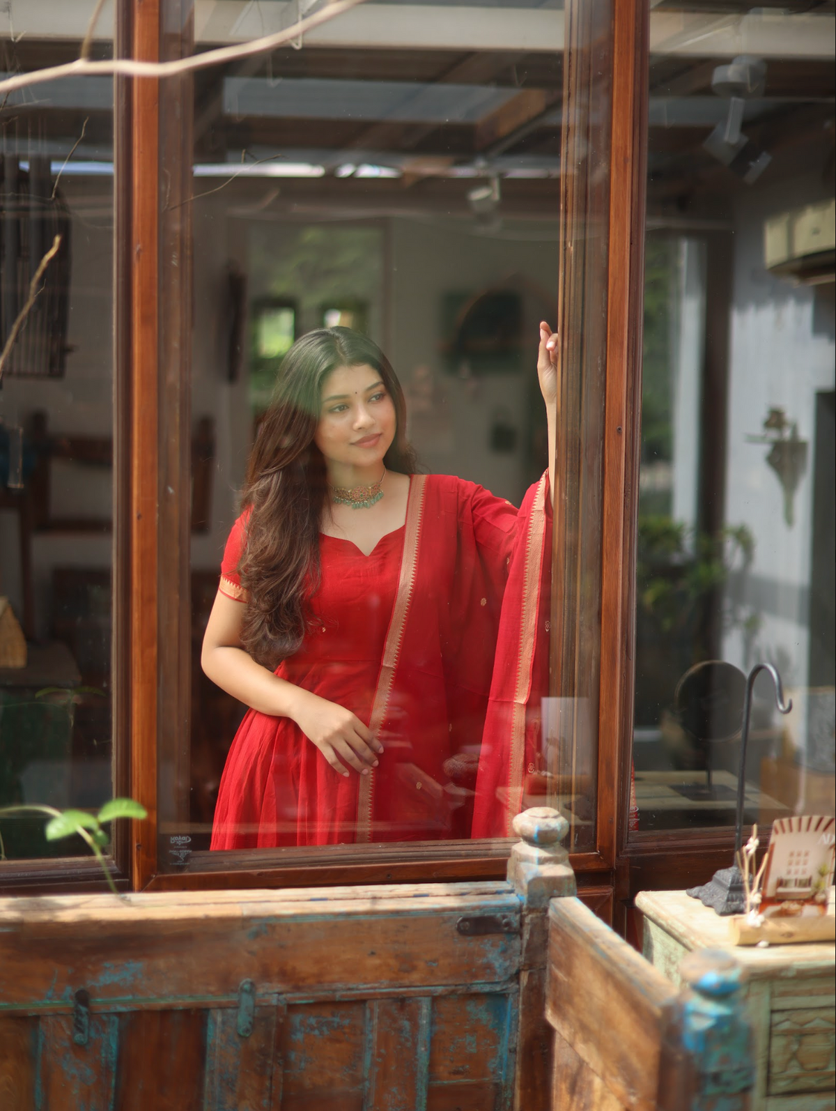 Vedha – Crimson Narayanpet Anarkali Suit with Solid Dupatta